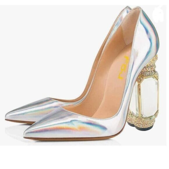 FSJ Silver Laser Bridal Pointed Toe High Heel Crystal Pumps Slip on Wedding Shoe - Picture 1 of 8